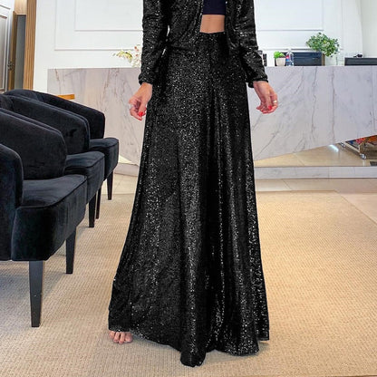 Pauline ♡ Pantalon large taille haute à paillettes tendance