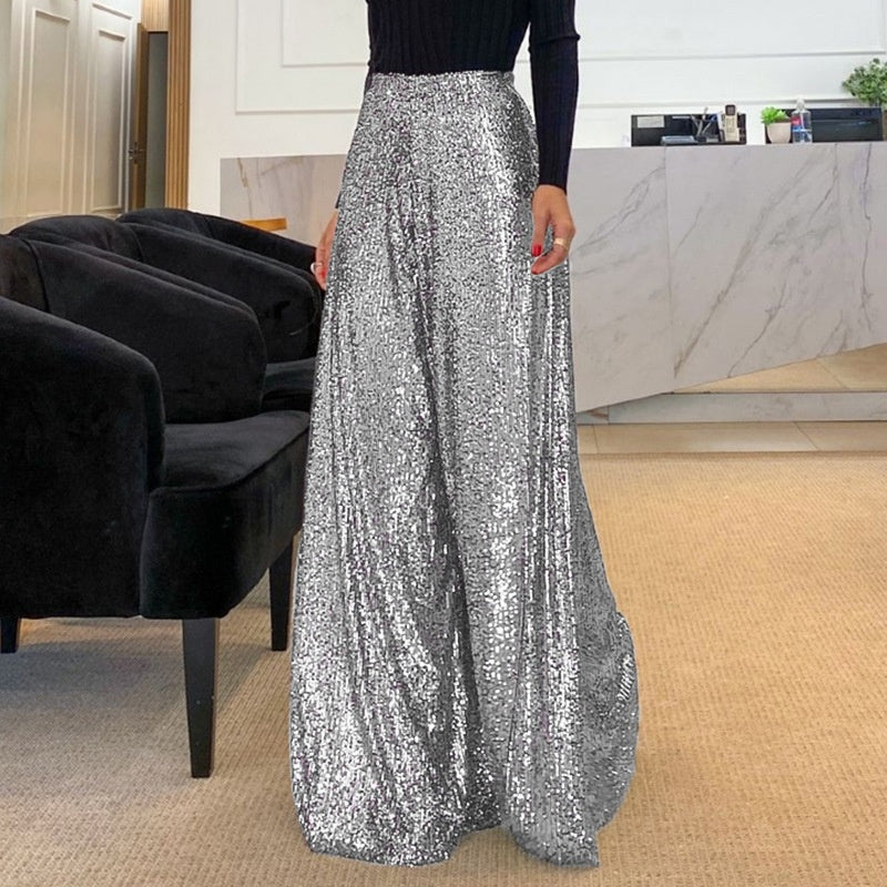 Pauline ♡ Pantalon large taille haute à paillettes tendance